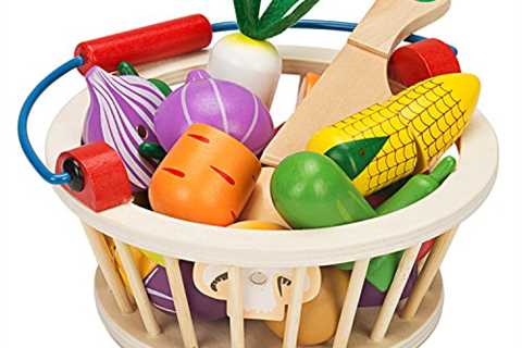 Victostar Magnetic Wooden Cutting Fruits Vegetables Food Play Toy Set with Basket for Kids..