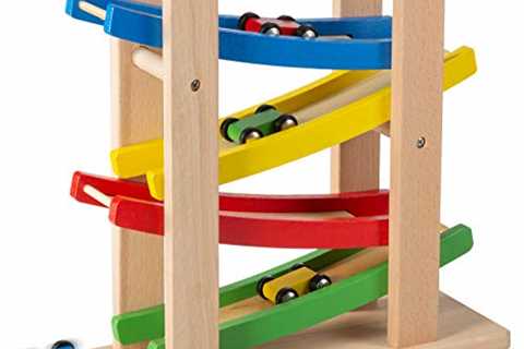 Play22 Wooden Car Ramps Race - 4 Level Toy Car Ramp Race Track Includes 4 Wooden Toy Cars - My..