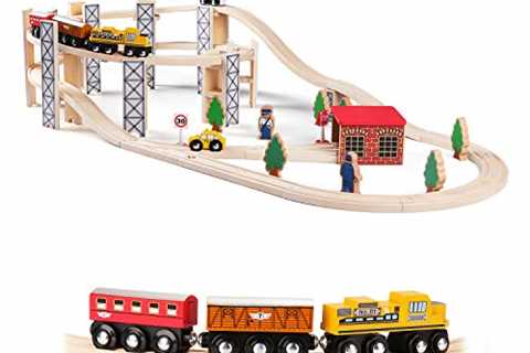 SainSmart Jr. Wooden Train Set Toy with Rail High Level Part, 50 PCS Flyover Overpass Wooden Train..