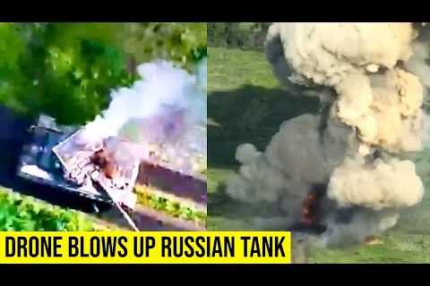 Ukrainian quadcopter drone, blows up Russian T-72 tank.