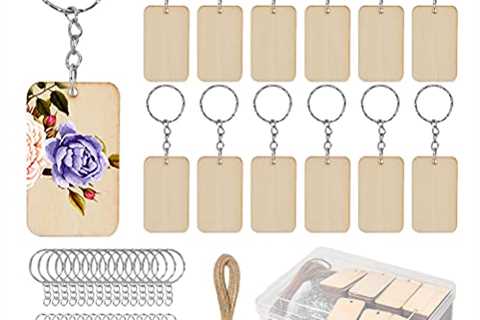 BUYGOO 80Pcs Blank Rectangle-Shaped Wooden Keychain Set, Unfinished Wood Pieces with 80pcs Key..