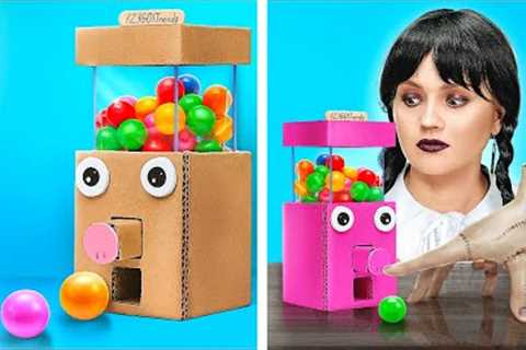 DIY CARDBOARD HACKS WITH WEDNESDAY ADDAMS || DIY Candy Dispenser! Parents Tricks By 123 GO! TRENDS