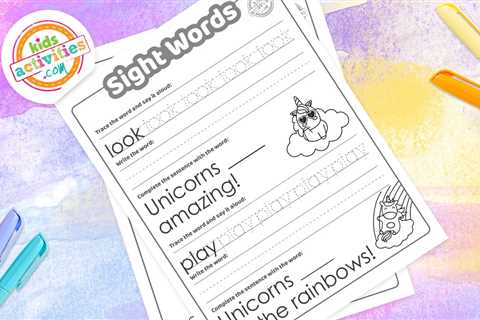 Free Sight Words Worksheets with a Cute Unicorn Theme